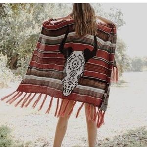Boutique Boho Cowskull Serape Ruana Pink Stripe Fringe One Size Fits Most